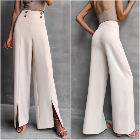 Cream Button Detail Wide Leg Slit Pants Work Office - Picture 2 of 3